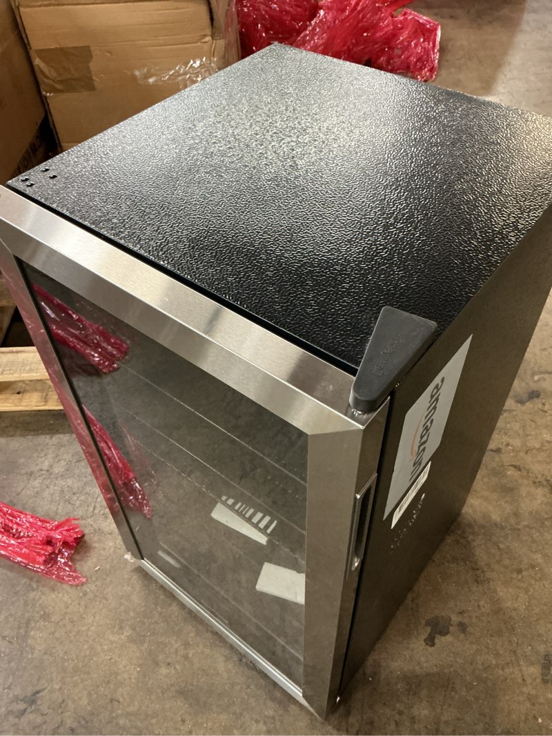 Condition photo showing As Is for Honeywell Beverage Refrigerator and Cooler, 116 Can Mini Fridge with Glass Door for Soda Beer or Wine for Office or Bar with Adjustable Removable Shelving, Commercial Grade