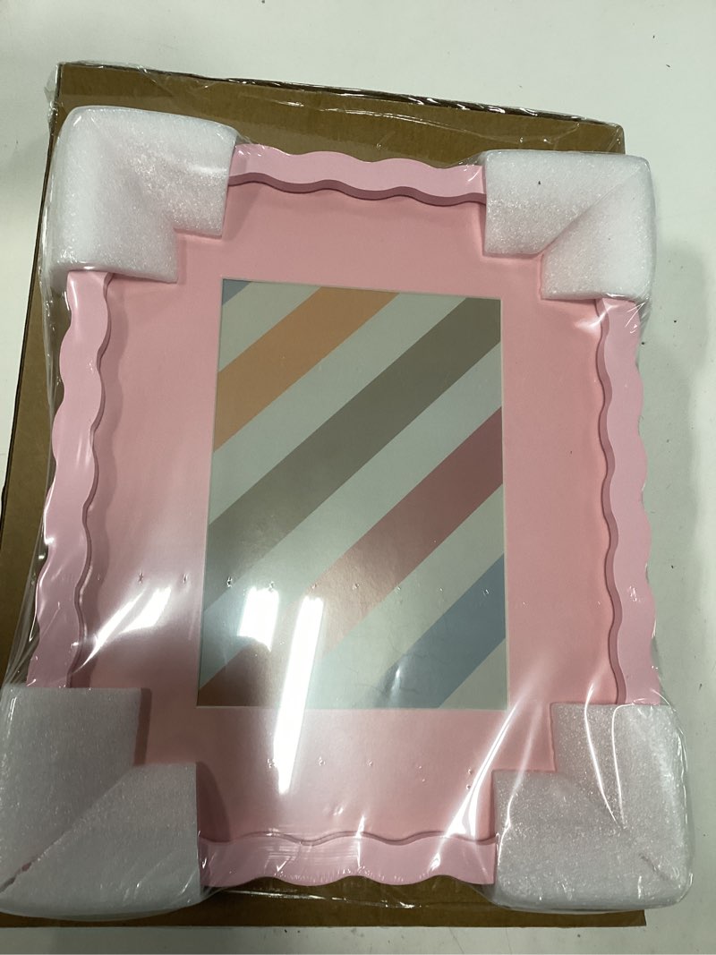 Condition photo showing New/Like New for 8x10 picture frame with mat for 5x7, wavy edge wooden real glass photo frame for tabletop and wall hanging, pink, 1 pack pink 8x10 in