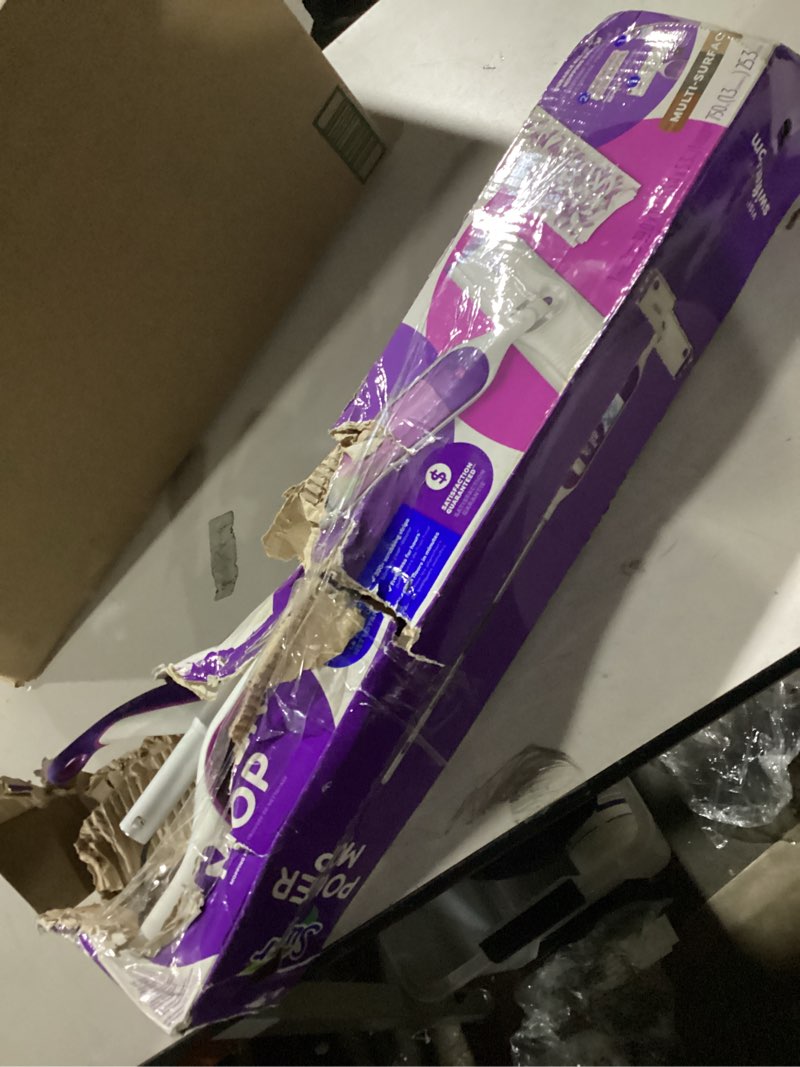 Condition photo showing As Is for Swiffer PowerMop Multi-Surface Mop Kit for Floor Cleaning, Includes PowerMop, 2 Mopping Pad Refills, 1 Cleaning Solution with Fresh Scent and 2 Batteries Purple and White