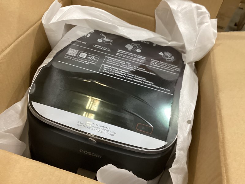 Condition photo showing As Is for cosori 9-in-1 turboblaze air fryer 6 qt, pfas-free ceramic coating, 90°–450°f, precise heating for even results, air fry, roast, bake, broil, dry, frozen, proof, reheat, keep warm, 120v, dark gray dark gray 6qt