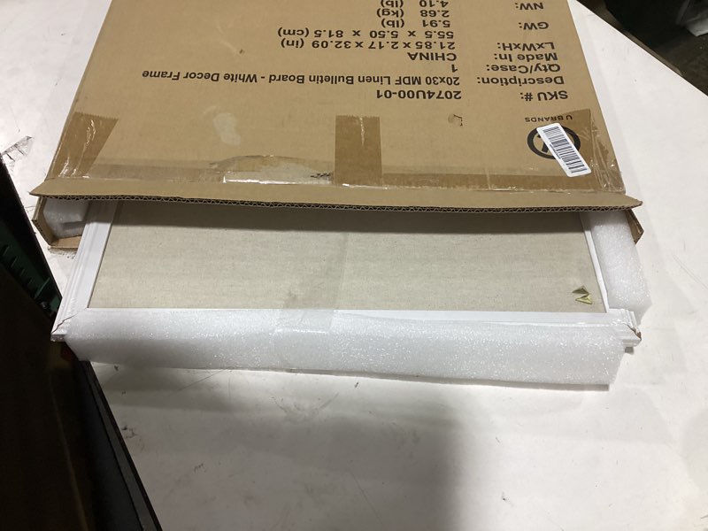 Condition photo showing New/Like New for U Brands Farmhouse Linen Bulletin Board, 30" x 20", White Wood Frame, Wall Mounted Pin Board for Home Office, Classroom & Kitchen, Includes Push Pins 30"x20" Natural Linen