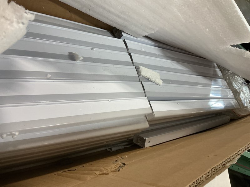 Condition photo showing As Is for hexagon garage lights with rectangle frame, high brightness 672w 86400lm 6500k, 14 hex grid for garage, shop, basement, car detailing shop etc. with mounting clip 14-grids non-dimmable