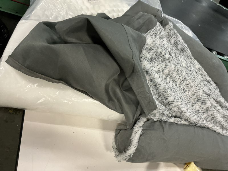 Condition photo showing As Is for Furhaven Memory Foam Dog Bed for Medium/Small Dogs w/ Removable Bolsters & Washable Cover, For Dogs Up to 35 lbs - Two-Tone Plush Faux Fur & Suede L Shaped Chaise - Dark Sage, Medium 30.0"L x 20.0"W x 6.0"Th (Two-Tone Faux Fur & Suede) Dark Sage