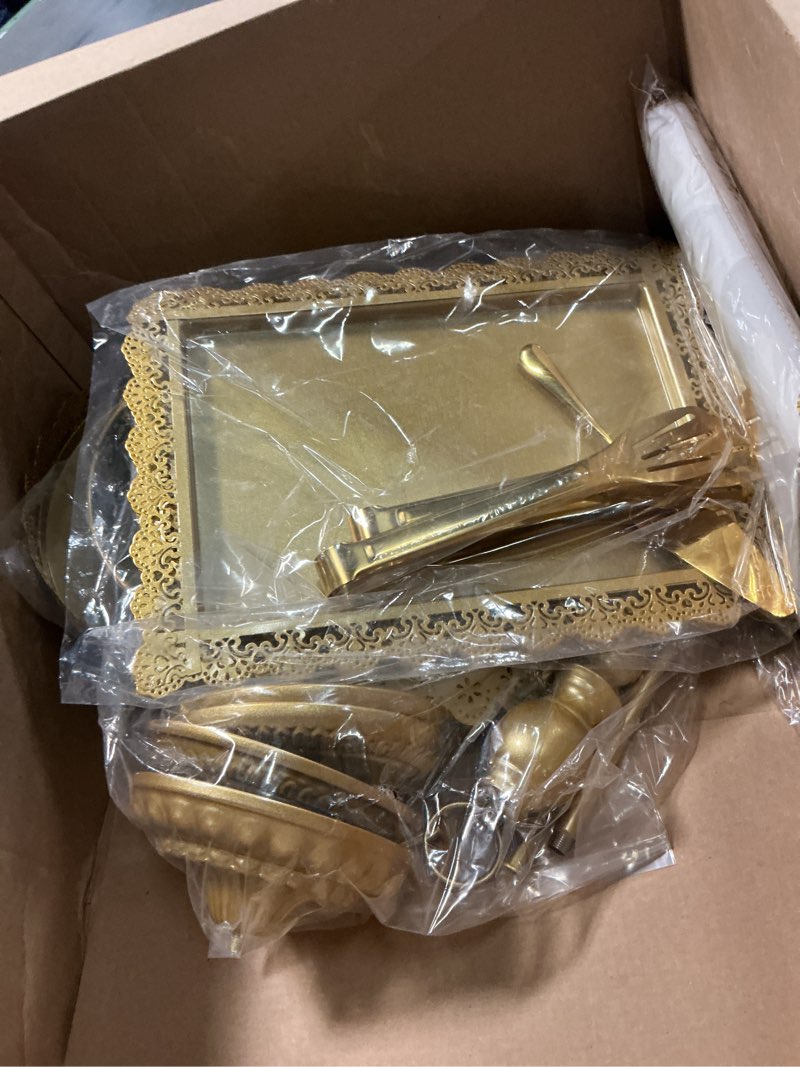 Condition photo showing Good Condition for 11 pcs gold cake stand set for wedding, dessert table display set for birthday, metal square serving trays for candy, cupcake pop stand holder tower with round base for celebration, the platters for party gold 11 pcs