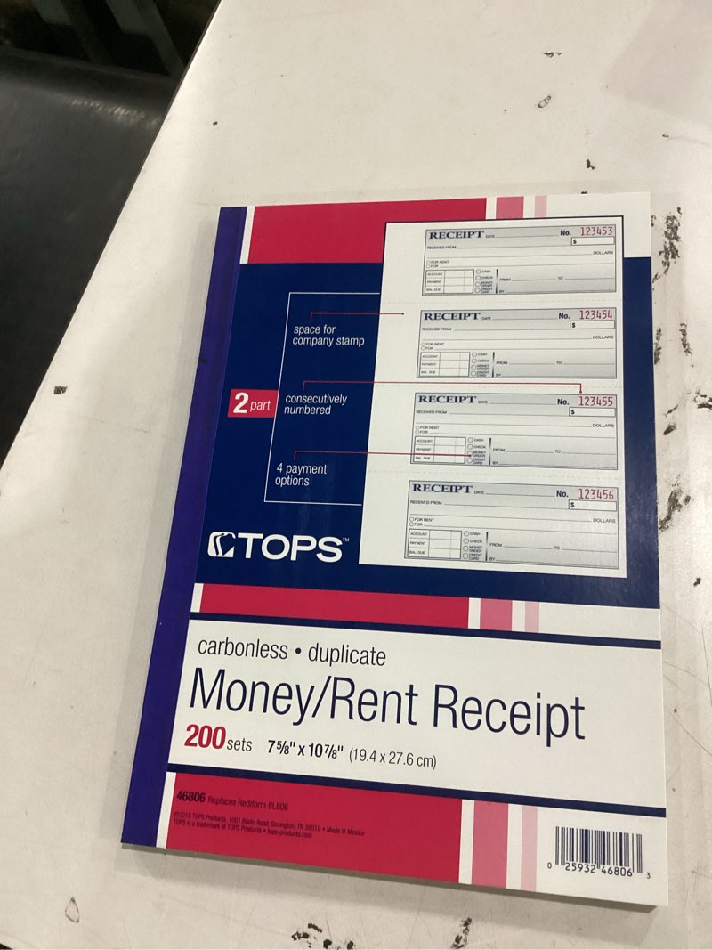 Condition photo showing Good Condition for tops money and rent receipt books, 2-3/4 x 7 1/8, two-part carbonless, 200 sets/book