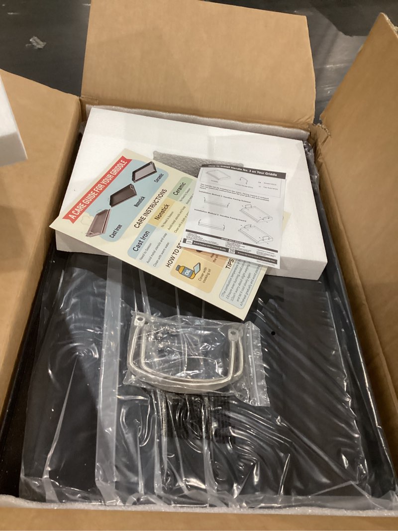 Condition photo showing Good Condition for updated 25" x 16" cast iron griddle for gas grill, nonstick nanoceramic stove top griddle for gas stove, pre-seasoned flat top plate insert for outdoor gas grill, camping, tailgating, parties 25" x 16" x 2.6"