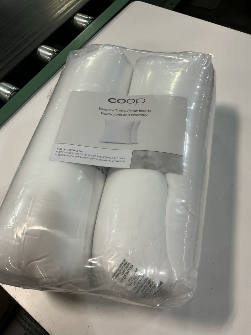 Condition photo showing New/Like New for coop home goods essence adjustable throw pillow inserts 20x20, set of 2, adjustable down alternative cushions for couch, bed, or chair, decorative square pillows for living room, oeko-tex certified essence down alternative 20x20