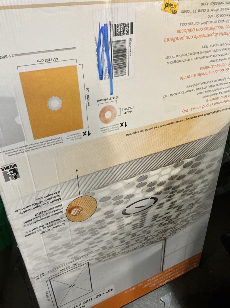 Condition photo showing As Is for schluter kerdi prefabricated sloped shower tray - waterproof, ready to tile - lightweight polystyrene, 48" length, 60" width, center outlet position - kst1220/1525