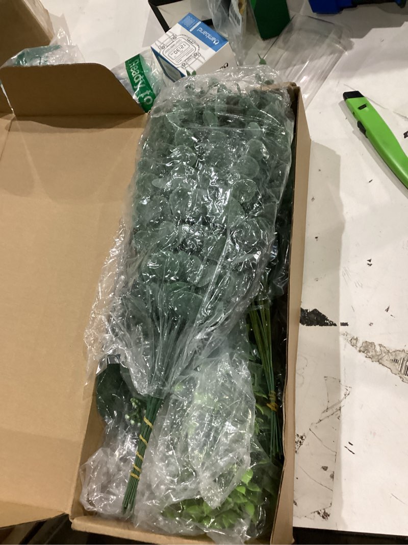 Condition photo showing New/Like New for lovemoon 130 pcs artificial mixed eucalyptusstems bulk, 5 kinds of faux greeneryeucalyptus leaves bulk for vase wedding diy bouquets floral arrangement home decor (130, green) green 130