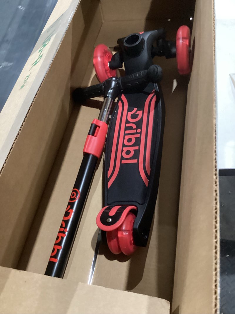 Condition photo showing As Is for Dribbl 3-Wheel Kids Scooter - Lean-to-Steer Technology, Adjustable Height Handlebar, Anti-Slip Deck, Scooter for Boys & Girls Ages 3+, Child Safety Approved, Support Rider Up To 165 lbs, Black and Red Black & Red