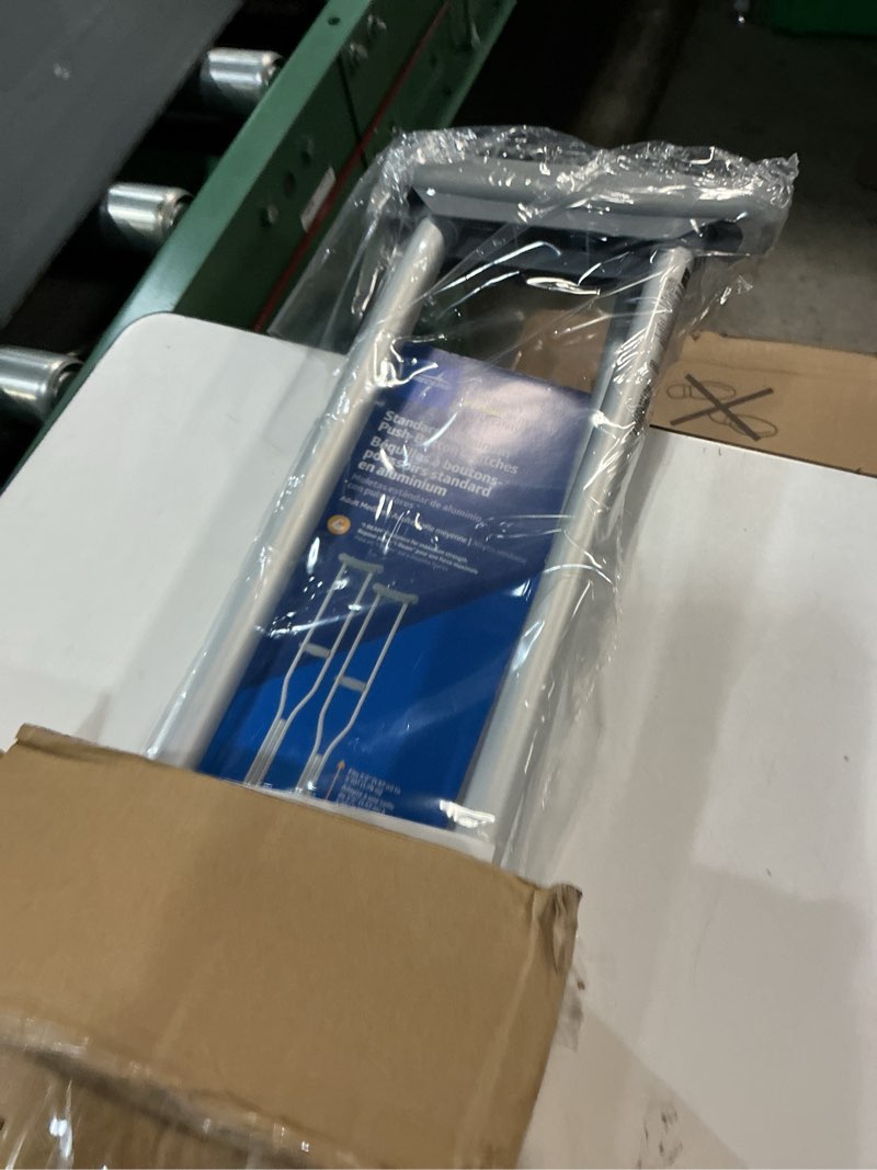 Condition photo showing New/Like New for medline aluminum crutches for kids, adults & seniors, walking aid, 300 lb weight capacity,1 pair, fitting 5'2" - 5'10" medium, 5'2"-5'10"
