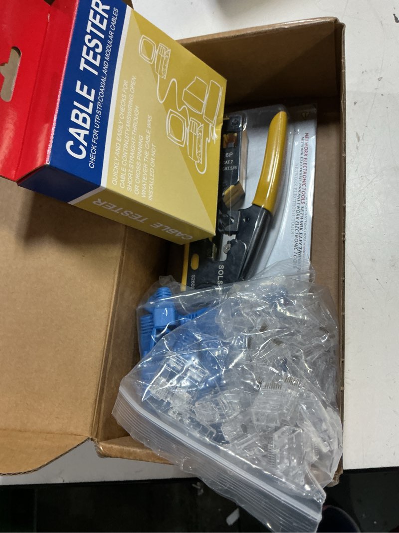 Condition photo showing New/Like New for solsop pass through rj45 crimp tool kit all-in-one ethernet crimper cat7 cat6 cat5 crimping tool with network cable tester, 50-pack cat6 rj45 pass through connector, 50-pack connector boots rj45 crimper set yellow-a