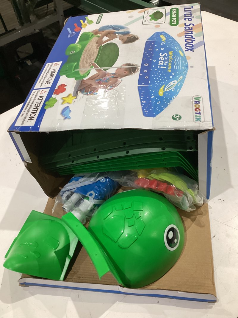 Condition photo showing Good Condition for turtle sandbox with lid & umbrella, 38" kids sandbox with beach toys set, safe sensory play sand box for toddlers, indoor outdoor backyard summer gift for ages 3-8