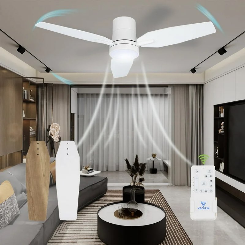  42 inch flush mount ceiling fan with light - 3 blades modern ceiling fan for living room and bedroom - quiet dc motor - dimmable - reversible function - white
