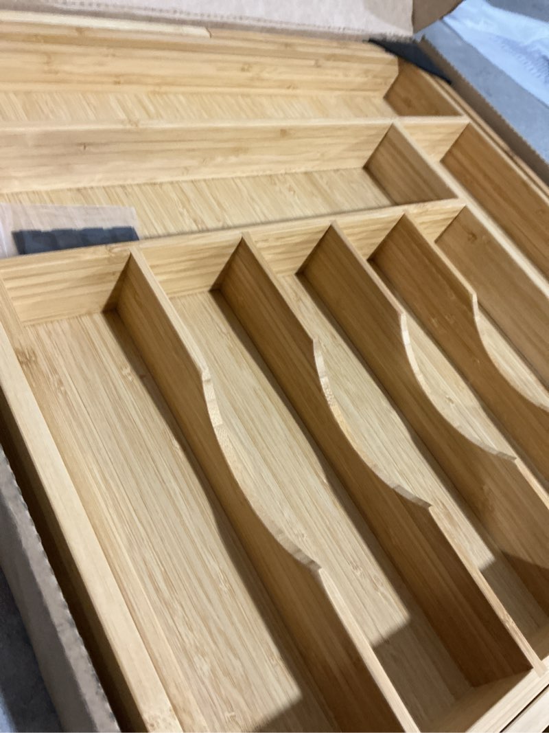Condition photo showing Good Condition for umilife extra large expandable kitchen siverware utensils drawer organizer, 19" deep for big drawer, adjustable bamboo wood drawer divider with curved grooves, cutlery tray flatware holder