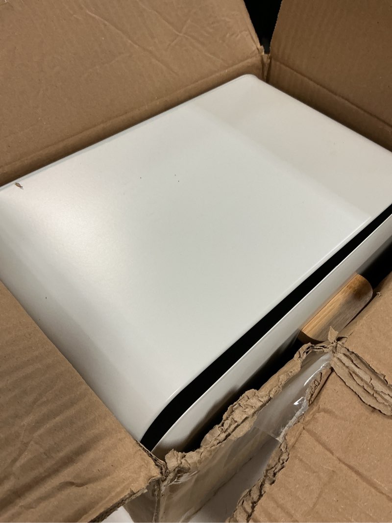 Condition photo showing As Is for White Bread Box for Kitchen Countertop - Large Capacity Bread Storage Container vintage bread box - Stylish Metal Bread Bin Classic White