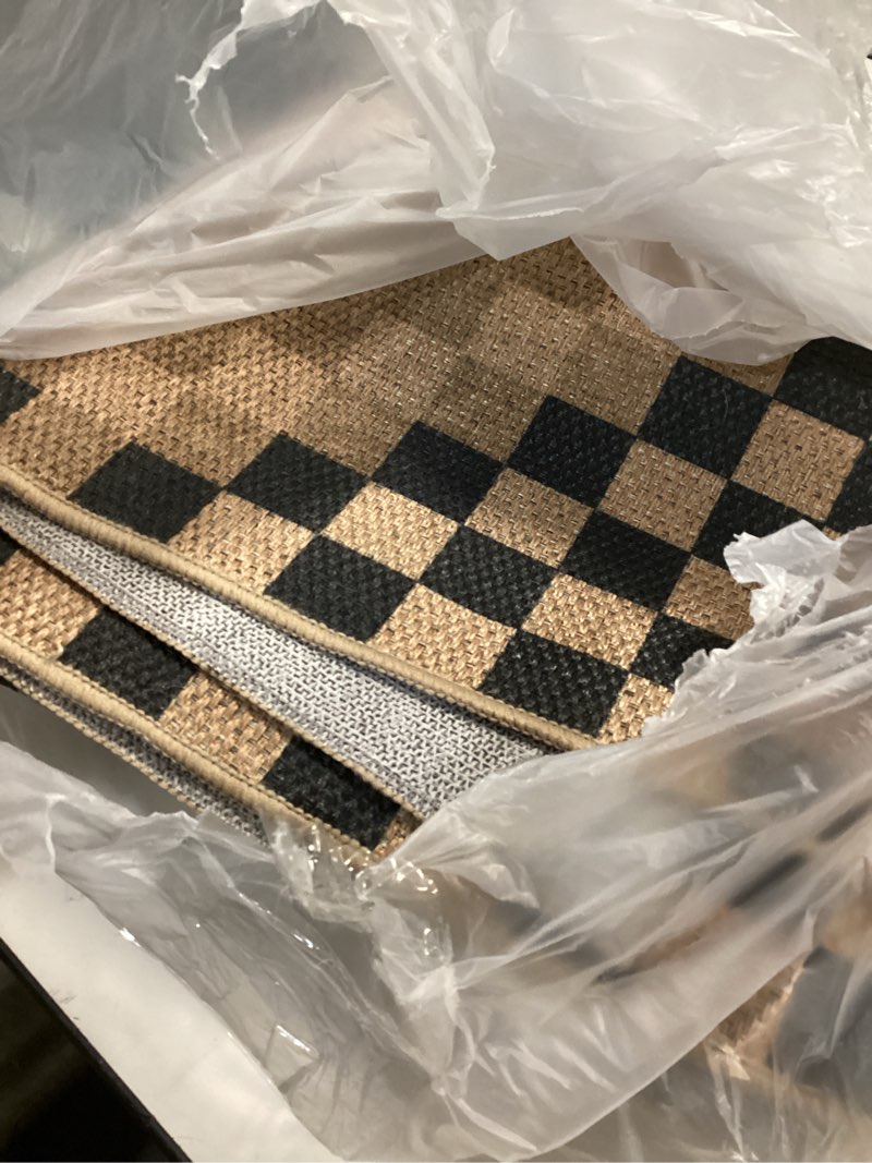 Condition photo showing As Is for LIVEBOX Easy Jute Runner Rugs for Hallway 2x10, Non Slip Washable Rug Runner, Checkered Extra Long Rugs for Hallways, Ultra Thin Farmhouse Kitchen Rug for Hardwood Floor 2.6' x 10' (Runner) Black