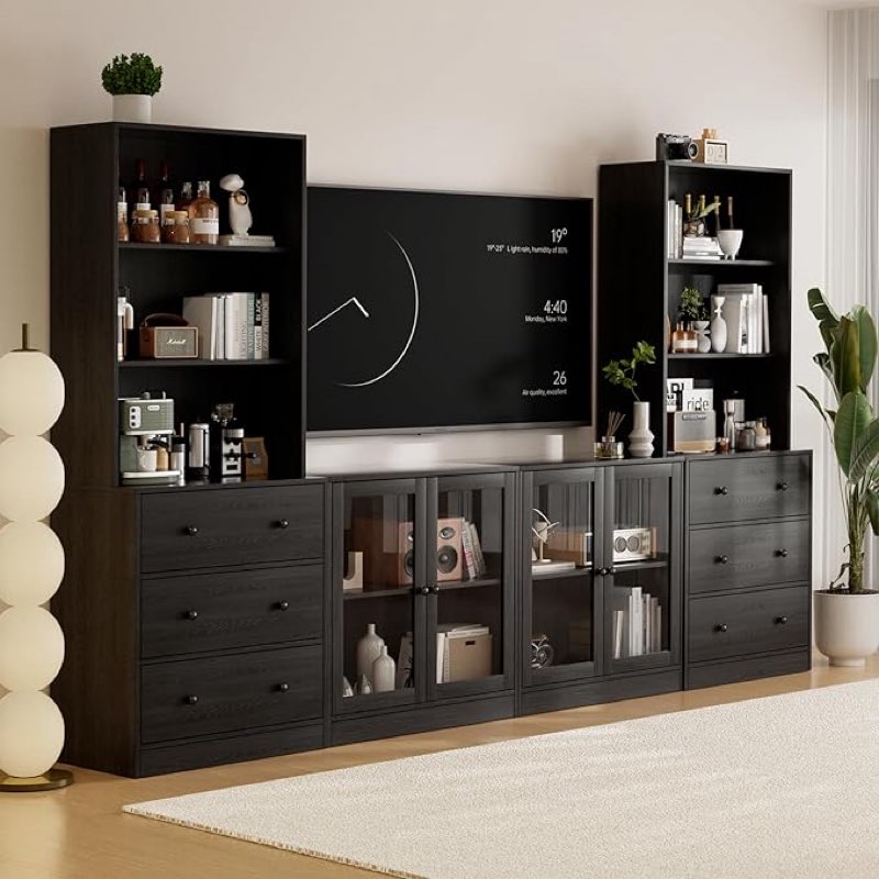 71'' Kitchen Pantry With Bookcases, Farmhouse Wall Unit Tv Stand For Tvs Up To 75" Finish: Black