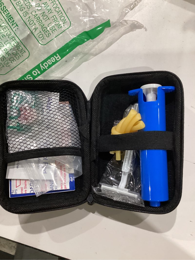 Condition photo showing New/Like New for snake bite kit, bee sting kit, emergency first aid supplies, venom extractor suction pump, bite and sting first aid for hiking, backpacking and camping. includes bonus cpr face shield (blue)