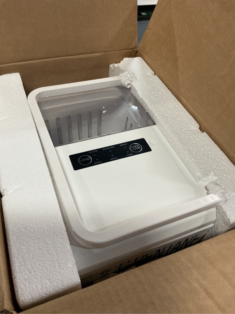 Condition photo showing As Is for olixis countertop ice maker machine with handle, auto-cleaning portable ice maker with basket & scoop, 26lbs in 24hrs & 9 ice cubes in 6 mins, 2 ice cube sizes, for home party camping rv, white