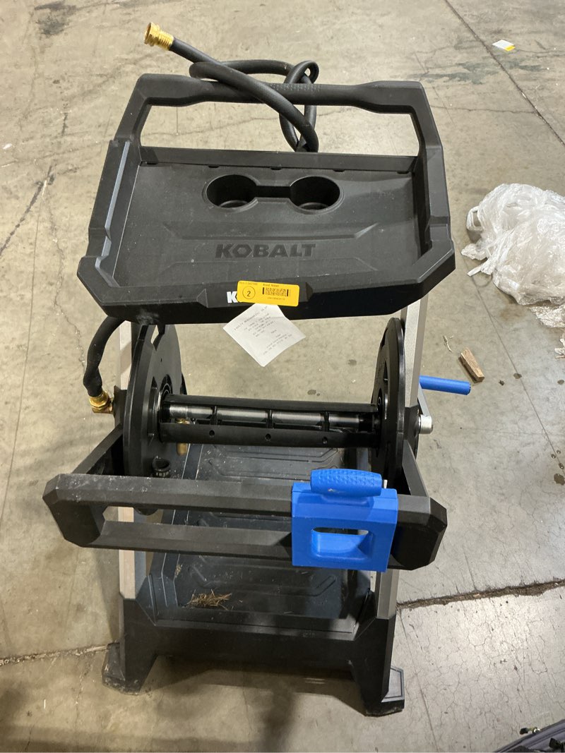 Condition photo showing As Is for kobalt aluminum 200-ft cart hose reel