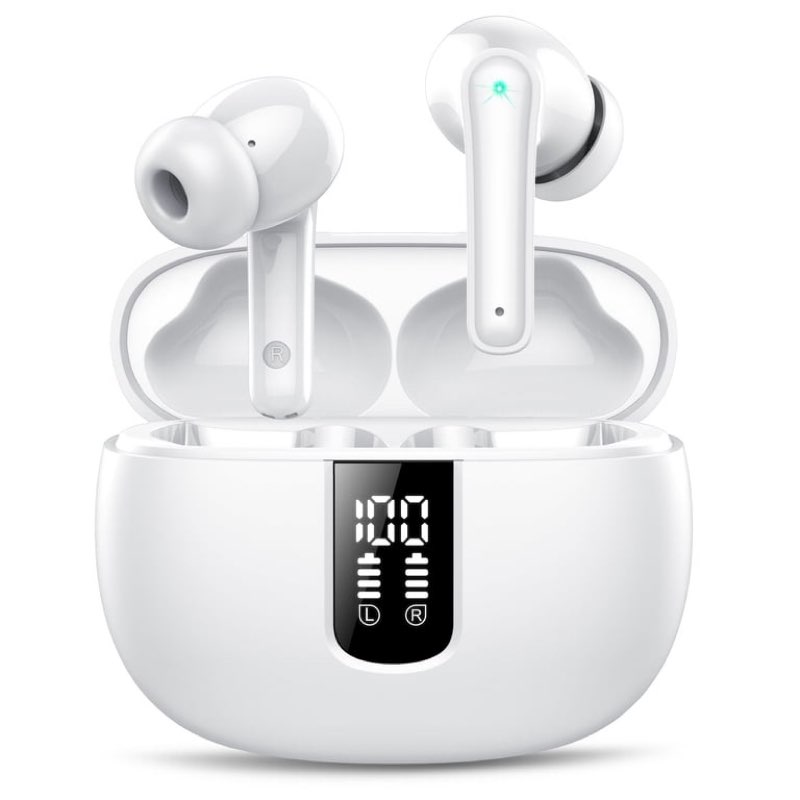 bluetooth headphones true wireless earbuds 40h long playback, stereo deep bass, led display, ipx7, lightweight in ear earphone, noise cancelling headphones with mic for iphone android, white