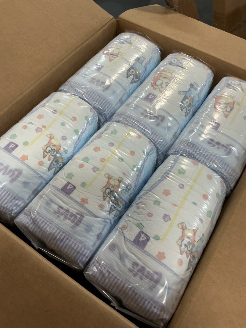 Condition photo showing New/Like New for luvs size 4 baby diapers, platinum protection bluey diapers for day & night,size 4 (22-37 lbs), 198 count size 4 198