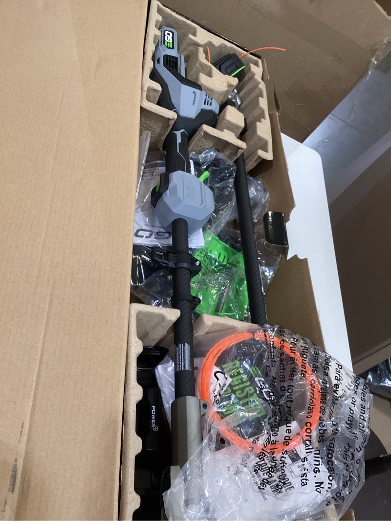 Condition photo showing As Is for ego power+ multi-head system with line iq, powerload 56-volt 17-in straight shaft attachment capable battery string trimmer 5 ah