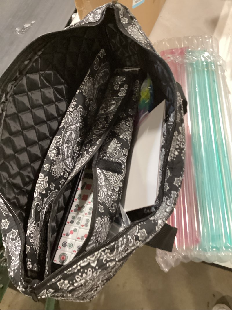 Condition photo showing Good Condition for american mahjong game set, 166 quality white tiles, 4 all-in-one color rack/pushers, complete mahiong tile set black printed carrying bag