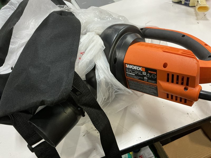 Condition photo showing As Is for worx trivac 3 in 1 electric leaf blower for lawn care, leaf vacuum with 350 cfm & 210 mph, leaf mulcher with metal impeller, wg505 350cfm blower/vac/mulcher