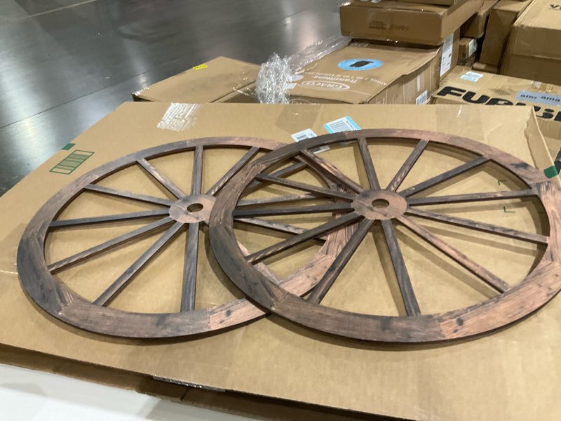 Condition photo showing As Is for Qunclay 2 Pcs Wagon Wheel Decor Wooden Western Cowboy Party Decorations Vintage Rustic Wagon Wheel Wood Cartwheel Decor for Bar Garage Indoor Outdoor (Brown,18 Inch) 18 Inch Brown