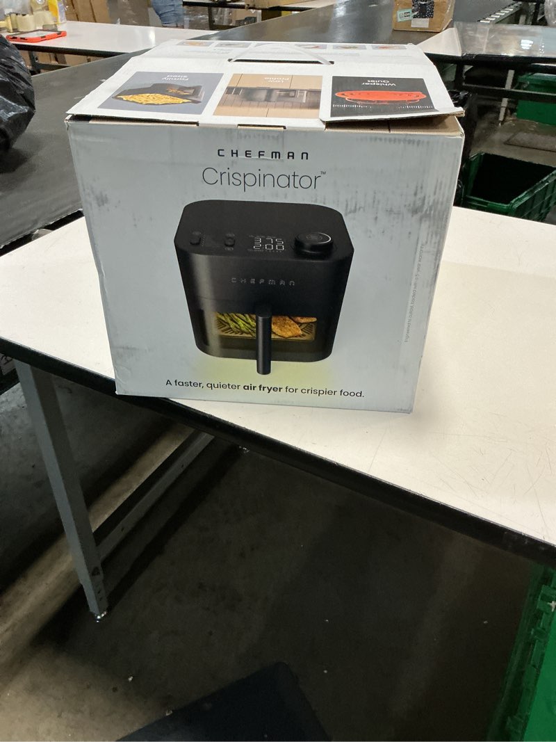 Condition photo showing New/Like New for chefman crispinator air fryer 6-in-1 with 8 qt capacity, 450°f max temp with turbofry pro technology for fast and even results, viewing window, nonstick ceramic basket 6-in-1 midnight