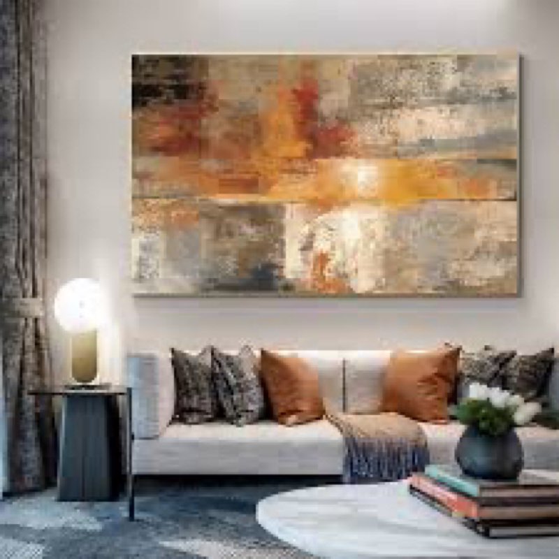 abstract canvas wall art - large framed gray and orange paintings - modern wall art decor for living