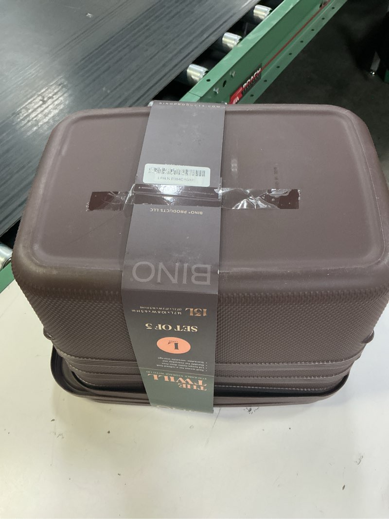 Condition photo showing As Is for bino | plastic storage bins with lids, 13 liter - 3 pack, dark brown | the twill collection | plasti