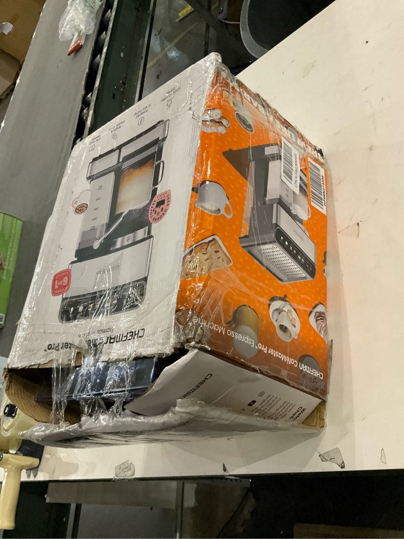 Condition photo showing As Is for Chefman CaféMaster Pro Espresso Machine, Brew Single or Double Shots, Coffee Maker with Built-In Milk Frother for Cappuccino & Latte, XL 1.8 Liter Removable Water Reservoir - Stainless Steel Automatic