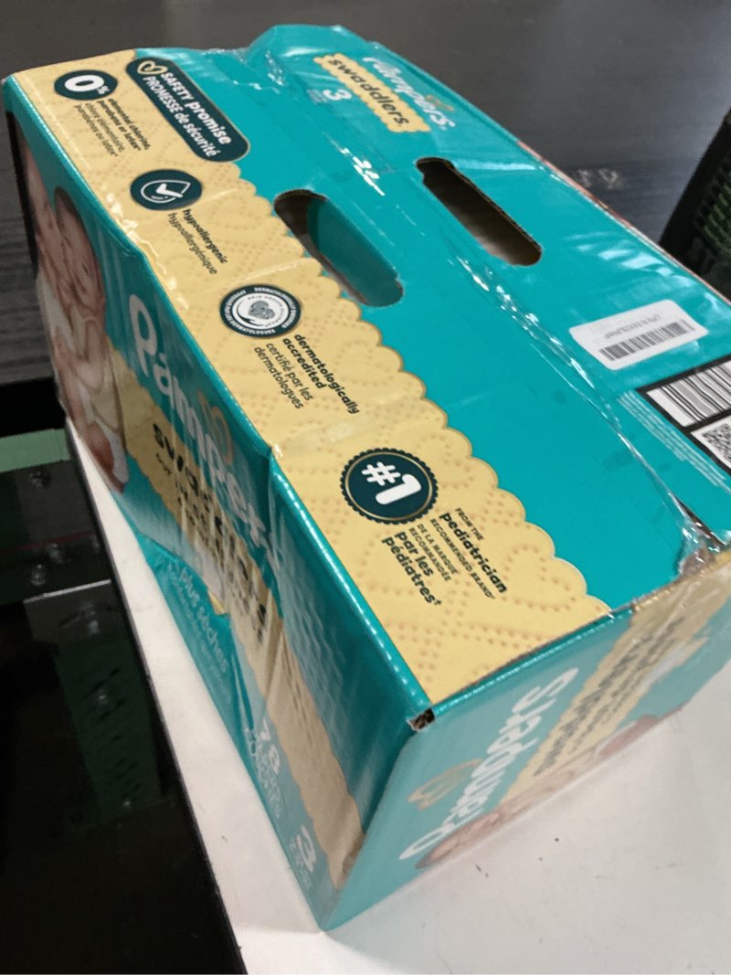 Condition photo showing New/Like New for pampers swaddlers diapers, size 3 (13-26 lbs), 78 count, absorbent, keeps baby dry and comfortable, skin safe disposable baby diaper size 3 78