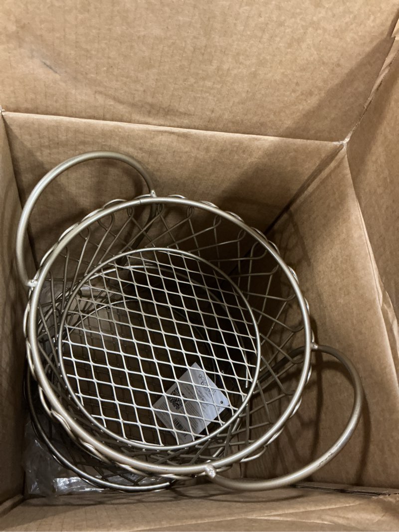 Condition photo showing New/Like New for gourmet basics by mikasa loop and lattice metal 2-tier round fruit storage basket matte gold