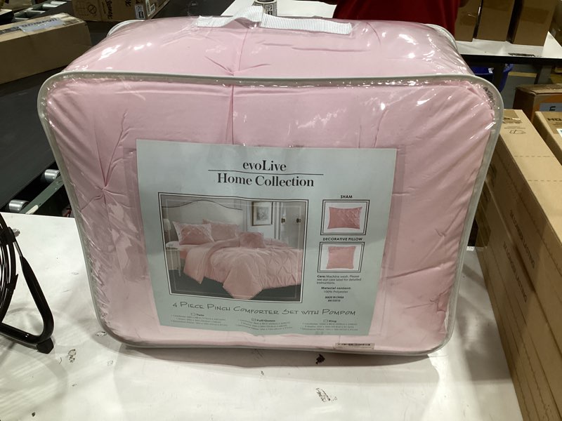 Condition photo showing Good Condition for evolive 4-piece pinch pleat comforter set with pompom fringe – pintuck down alternative bedding set, soft & fluffy all-season comforter with shams, elegant modern style (full/queen, pink) full/queen pink