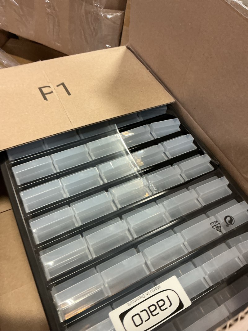 Condition photo showing Good Condition for raaco steel storage cabinet, tall 44-drawer, clear polypropylene plastic drawer – small parts organizer, screws, nuts & bolts, crafts & hardware – tool cabinet for workbench & wall storage (c11-44) tall-44d steel cabinets