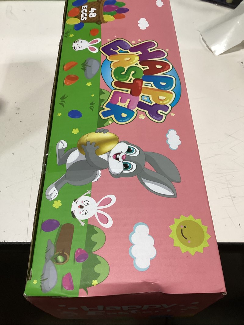 Condition photo showing New/Like New for 48 pack 3 inch large plastic printed easter eggs, empty fillable eggs bulk for easter egg hunt, easter basket stuffers fillers, classroom prize supplies, filling treats and party favors
