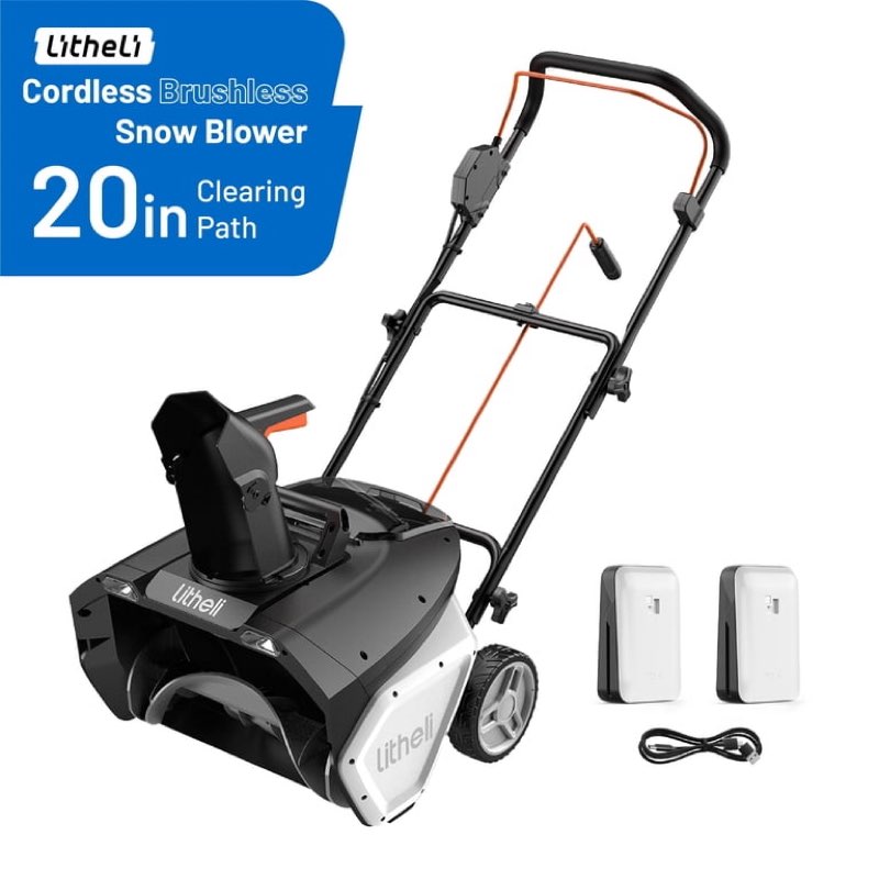 Litheli U20 2X20V Cordless Snow Blower, 20" Snow Thrower, Electric Snow Blowers with LED Spotlights and Brushless Motor, for Walkways and Driveways, with 2X4.0Ah Battery, Single-Stage