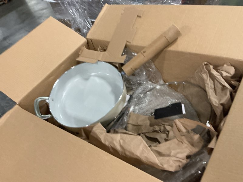 Condition photo showing Good Condition for GreenPan x Bobby Flay 4.5QT Nonstick Saute Pan with Glass Lid, PFAS-Free Diamond Ceramic, Induction Suitable, Stay-Cool Silicone Handle, Easy Clean Dishwasher & Oven Safe, Cream 4.5QT Saute Pan with Lid Cream