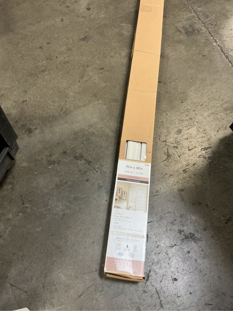 Condition photo showing New/Like New for allen + roth trim at home 2-in slat width 70-in x 48-in cordless white faux wood room darkening horizontal blinds