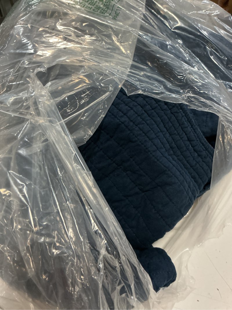 Condition photo showing As Is for palassio striped navy blue 100% cotton quilt california cal king size bedding sets, oversized lightweight channel pick stitch textured bedspread soft farmhouse country coverlet for all season, 2 shams striped-navy blue california king
