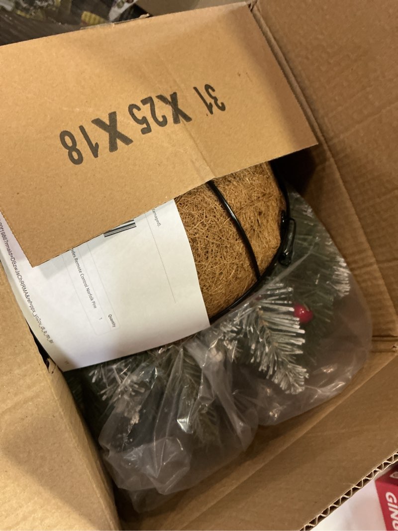 Condition photo showing Good Condition for 20 Inch Artificial Christmas Hanging Basket with 30LED Changing Warm White&Multicolored Timer 8 Modes Remote Control Norfolk Pine Snowy Tips Hanging Christmas Decorations for Porch Front Door Home