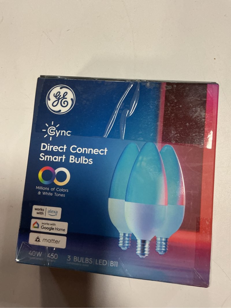 Condition photo showing New/Like New for GE Cync Smart LED Light Bulbs, Color Changing Decorative Light Bulbs, Indoor WiFi Lights, Matter Compatible, Compatible with Alexa and Google Home, Candelabra Base (3 Pack)