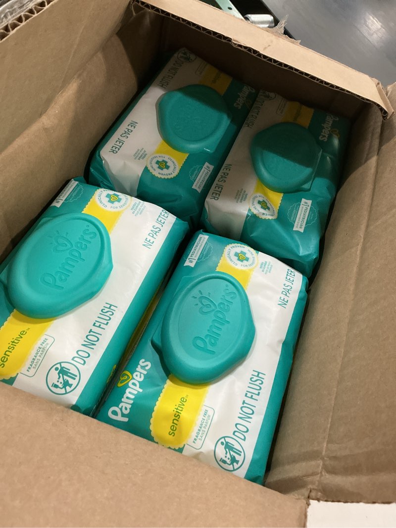 Condition photo showing New/Like New for Pampers Sensitive Baby Wipes, Water Based, Hypoallergenic and Unscented, 8 Flip-Top Packs, 4 Refill Packs (1008 Wipes Total) 84 Count (Pack of 12)