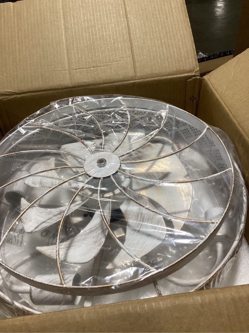 Condition photo showing As Is for 18 inch low profile caged ceiling fans with lights remote control, white flush mount ceiling fan, small bladeless ceiling fan light fixture for bedroom, kitchen, reversible(bulbs not included) industrial white