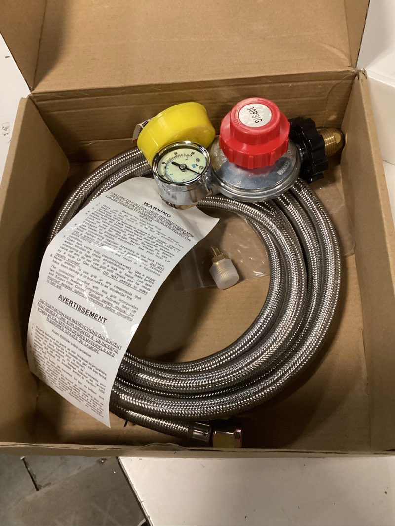 Condition photo showing Good Condition for 10FT High Pressure Propane Regulator with Hose, Adjustable 0-30 PSI Regulator with Gauge, Stainless Steel Braided Hose, Connect 5-100LB POL Propane Tank to Fire Pit Burner Heater Fryer Smoker Griddle 10.0 Feet