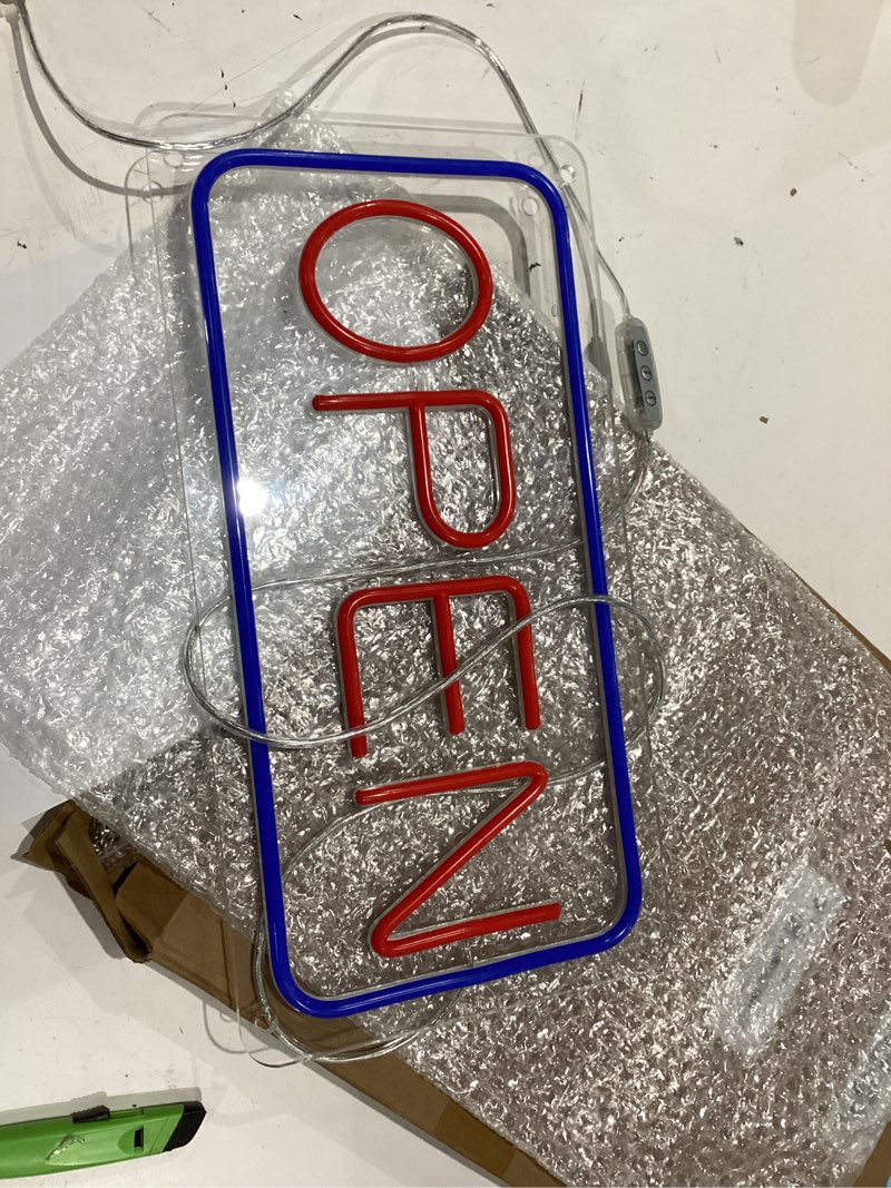 Condition photo showing Good Condition for 22" x 11" led neon open signs for business, large open signs, plug in electric light up with on/off switch, ultra bright open sign for bar salon coffee stores club hotel (blue/red-horizontal) 22 x 11 inches with ac adapter